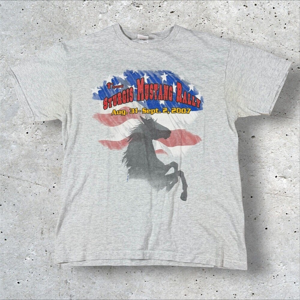 Vintage 2007 Sturgis Mustang Rally Shirt Mens Large Grey Fruit Of The Loom Tee